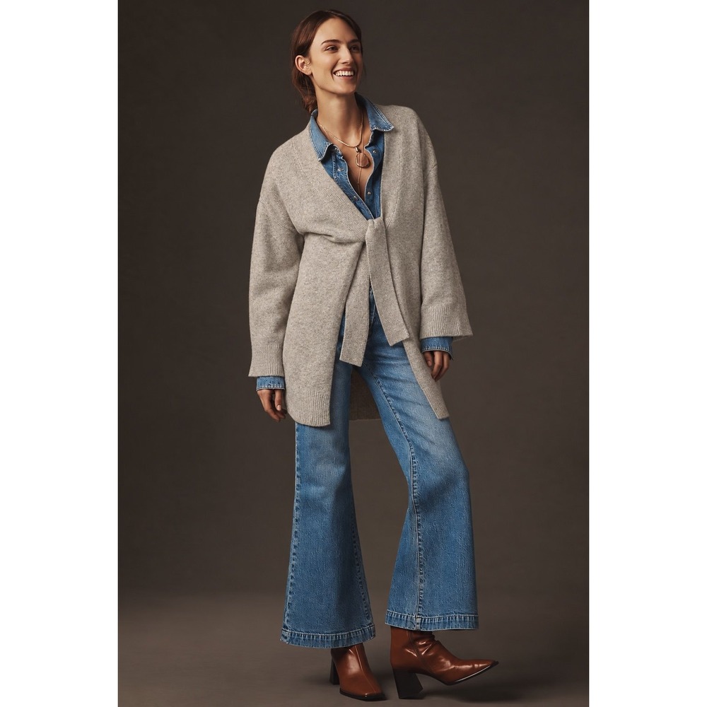 Flat White Anthropologie Tie-Front Long Cardigan Sweater Creme One Size NWOT